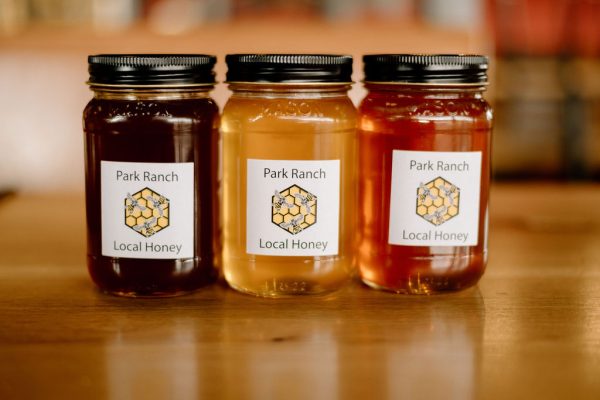 3 jars of Park Ranch Local Honey sitting on a wooden table in pint mason jars with black lids and a honeycomb with bees on the label. The honey is colored (left to right) - rich burgandy, honey, and amber.